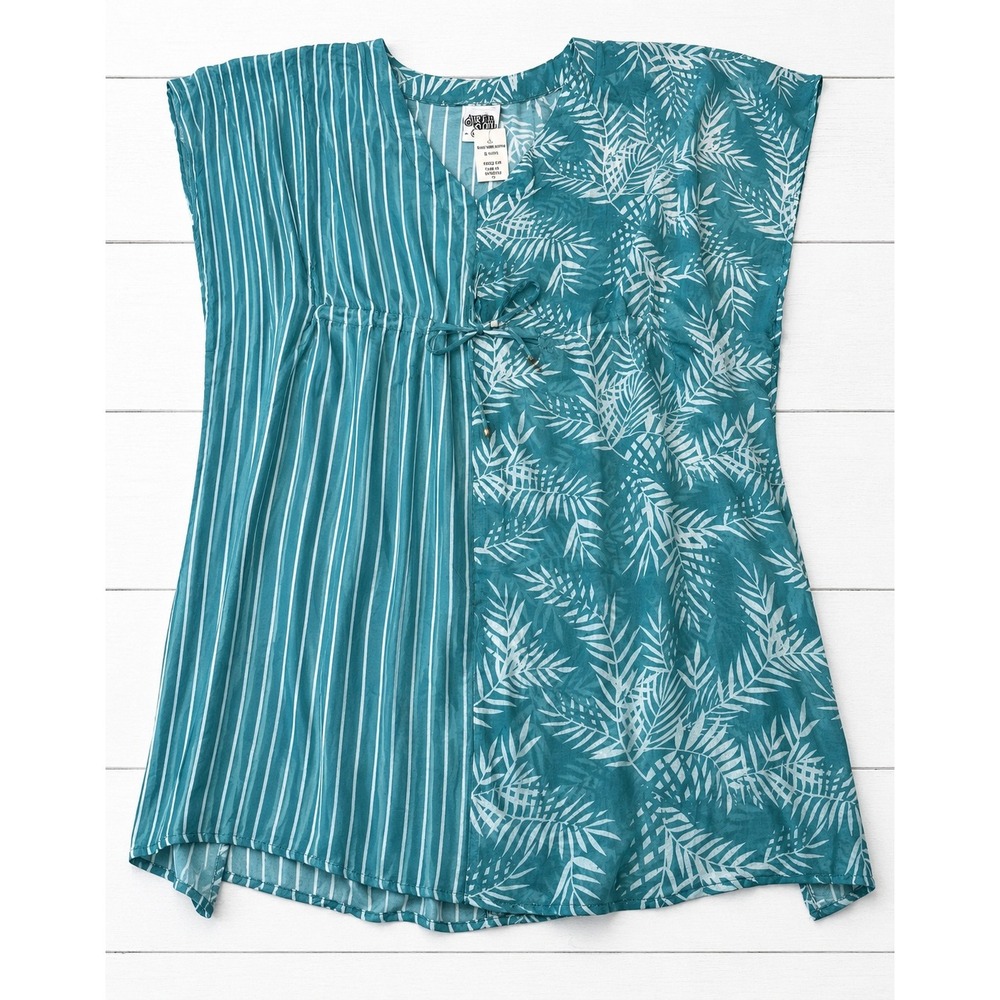Art & Sol Falling Leaf Cover-up Teal Blue Stripe Palm Print Coverup XL NWT Beach